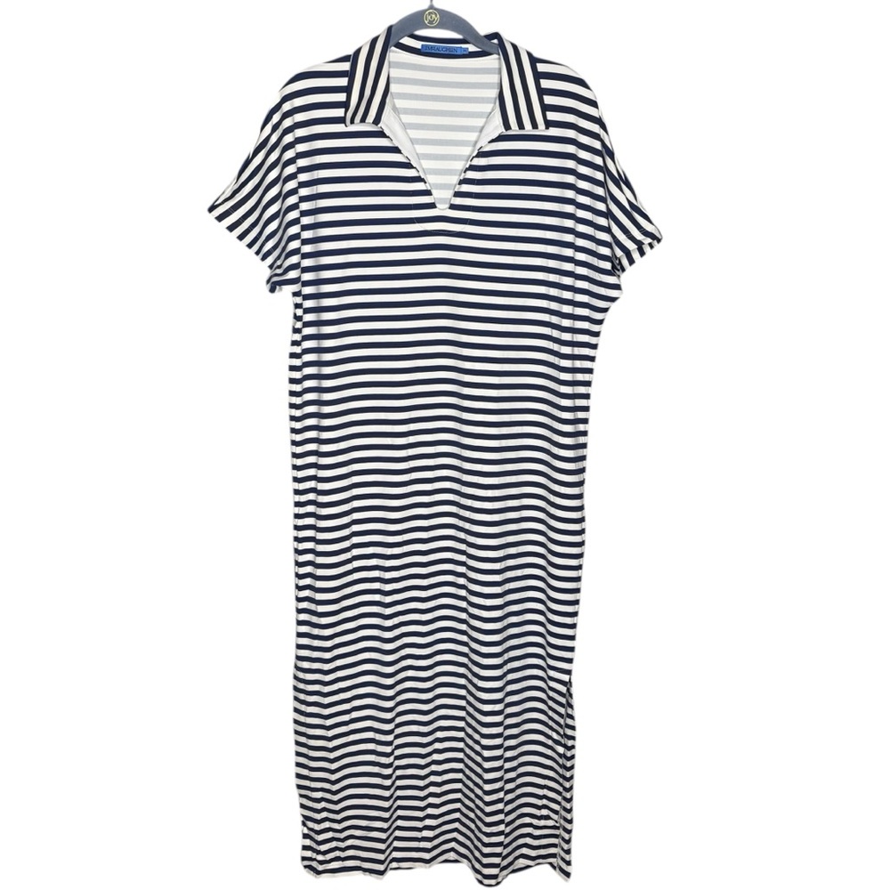 J McLaughlin dress maxi Catalina cloth Navy blue White Stripe polo collar medium